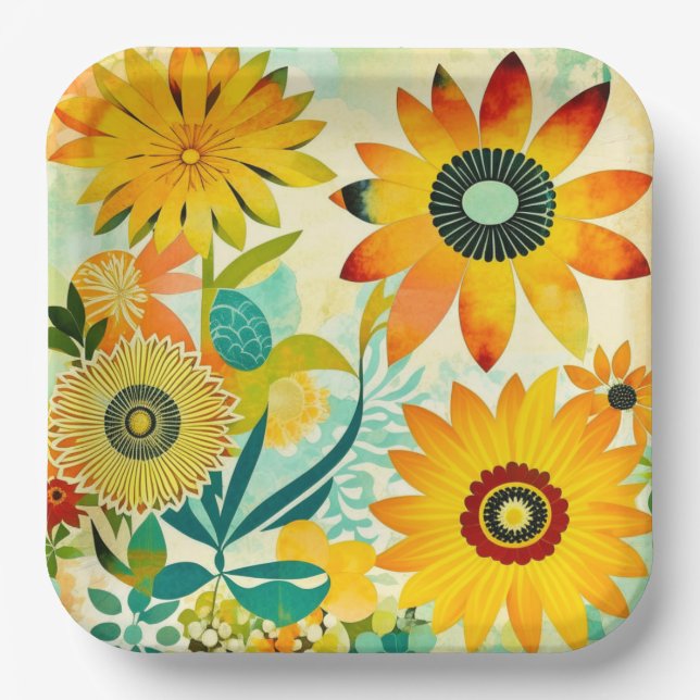 Assiettes En Carton Jolie folk Art Fleurs Jaunes (Recto)