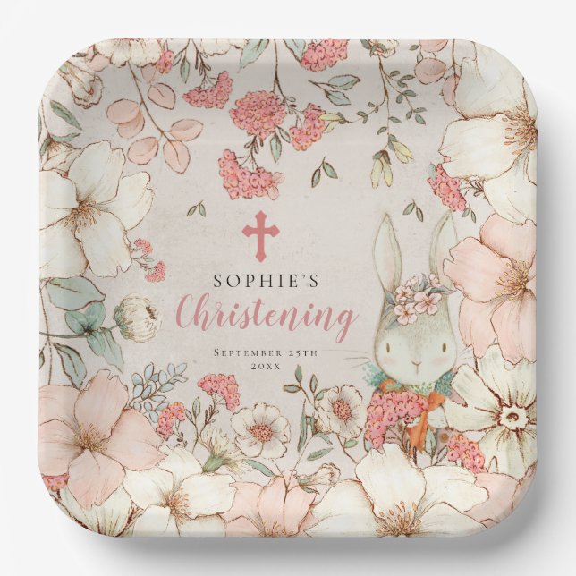 Assiettes En Carton Jolie Lapin Floral Foliage Girl Christening (Recto)