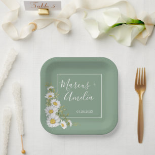 Assiettes En Carton Jolie mariage Basilic Vert & Fleurs de Marguerites