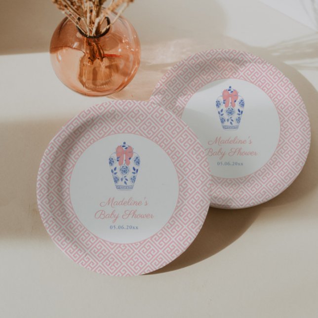 Assiettes En Carton Jolie Pretty Pink Bow Ginger Jar Fille Baby shower (Chinoiserie Chic baby girl shower paper plates featuring watercolor ginger jar with pink bow)