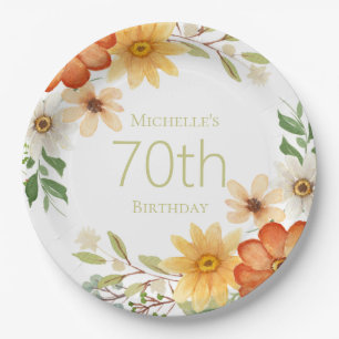 Assiettes En Carton Jolie rouille jaune Fleurs blanches 70e anniversai