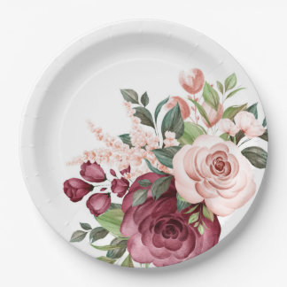 Assiettes En Carton Jolies fleurs d'aquarelle bordeaux et roses