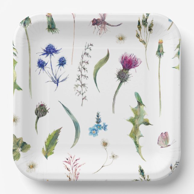 Assiettes En Carton Jolies Fleurs Thistler Dragonfly Design (Recto)