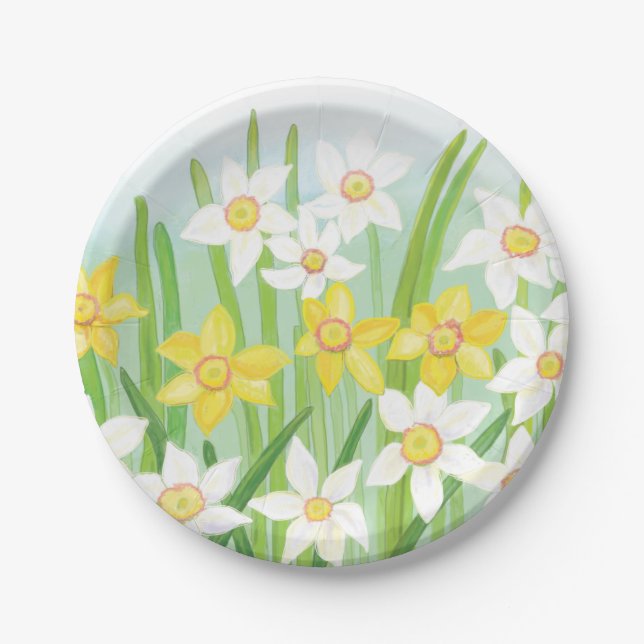 Assiettes En Carton Jonquilles printanières blanches et jaunes  (Devant)