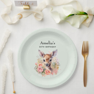 Assiettes En Carton Jote Cerf Entouré D'Anniversaire Rose