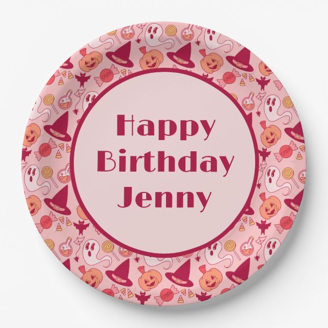 Assiettes En Carton Jote Halloween Anniversaire Ajouter Nom Pink Paste (Devant)