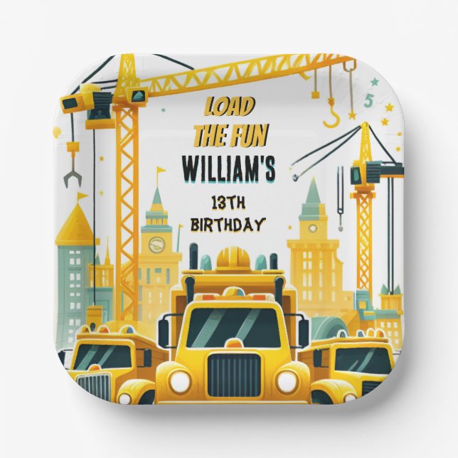 Assiettes En Carton jouer enfants Construction simple camions 5e anniv (Recto)
