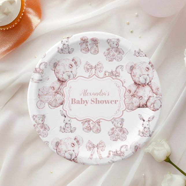 Assiettes En Carton Jouets Roses Toile De Jouy Baby shower (Créateur téléchargé)
