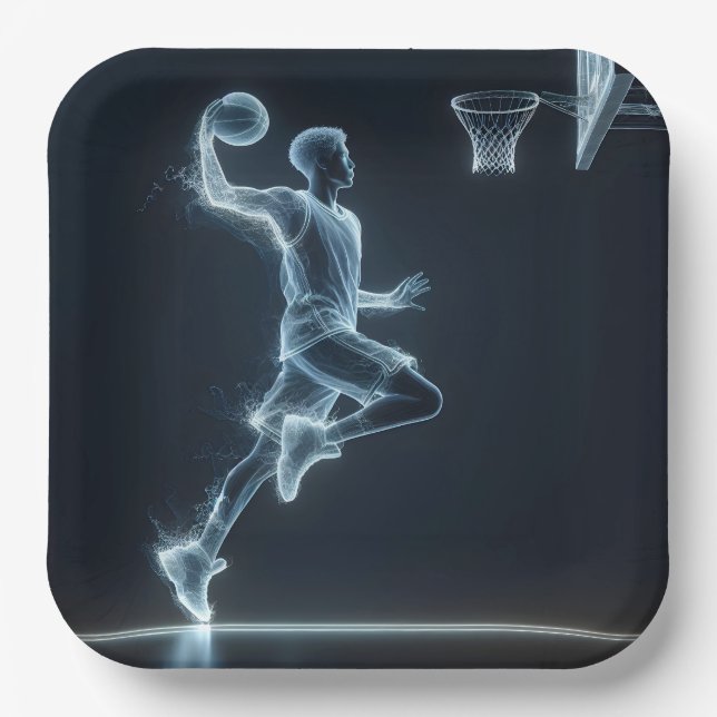 Assiettes En Carton Joueur de basket-ball bleu brillant (Recto)