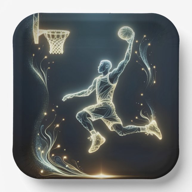 Assiettes En Carton Joueur de basket-ball en néon brillant (Recto)