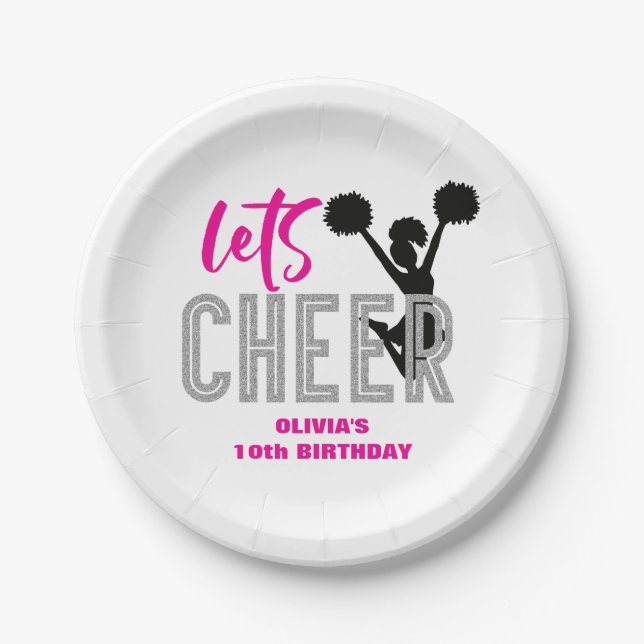 Assiettes En Carton Jour d'anniversaire de la Cheerleader rose argent  (Devant)
