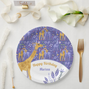 Assiettes En Carton Jour d'anniversaire des girafes jaunes Turquoises 