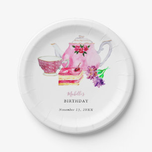 Assiettes En Carton Jour de thé de l'après-midi Script élégant rose An