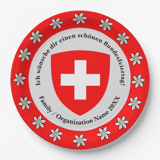 Assiettes En Carton Jour national suisse Drapeau Edelweiss (Devant)
