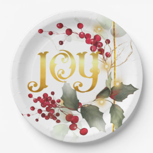 Assiettes En Carton JOY Pointesettias Holly Berries Plaques de papier