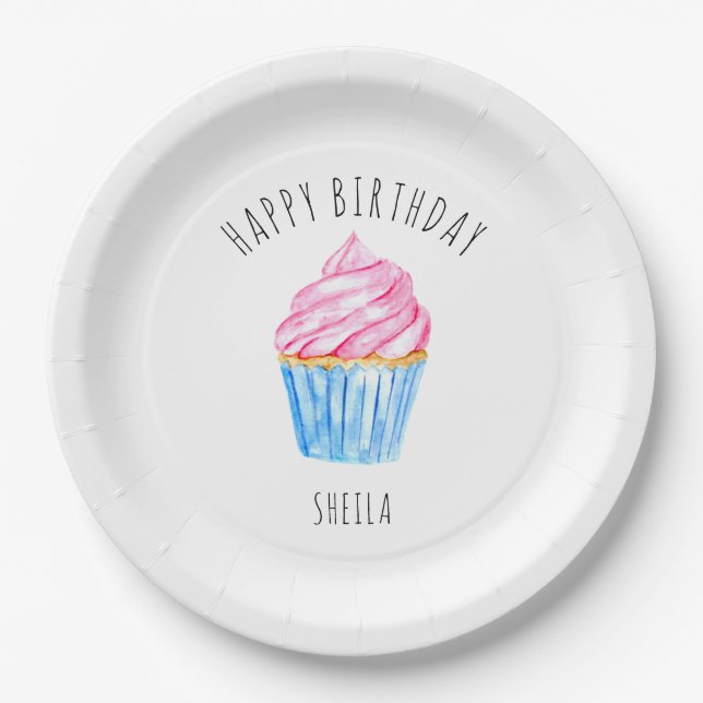 Assiettes En Carton Joyeuse aquarelle d'anniversaire cupcake rosé glaç (Devant)