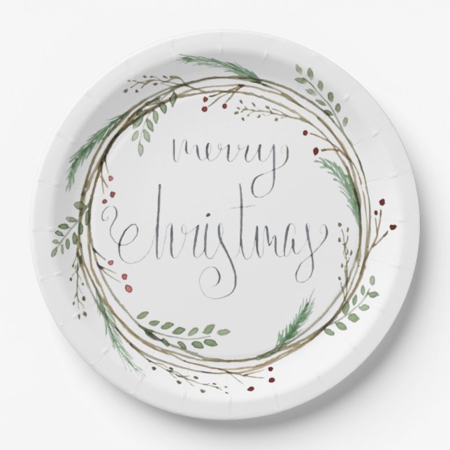 Assiettes En Carton Joyeuse couronne d'aquarelle de Noël (Devant)