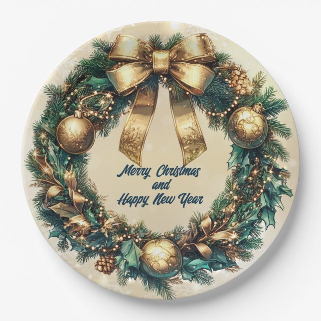 Assiettes En Carton Joyeuse couronne d'or verte de Noël (Devant)