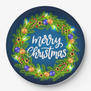 Assiettes En Carton Joyeuse couronne verte de Noël sur bleu 9"