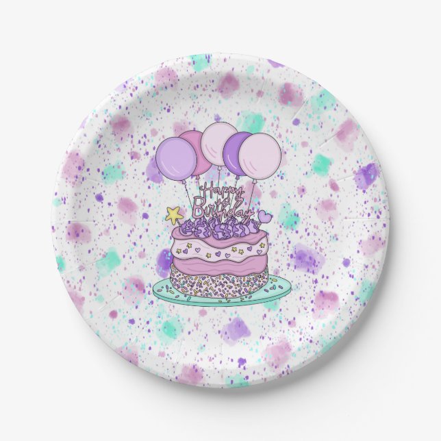 Assiettes En Carton Joyeuse fête d'anniversaire rose et violet (Devant)