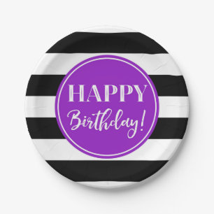 Assiettes En Carton Joyeuse fête d'anniversaire violet noir blanc rayu