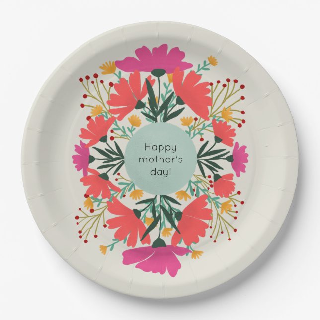 Assiettes En Carton Joyeuse fête de la mère fleurie (Devant)