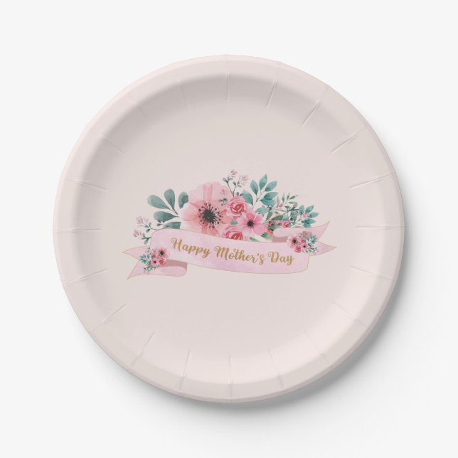 Assiettes En Carton Joyeuse Fête des Mères Aquarelle rose florale (Devant)