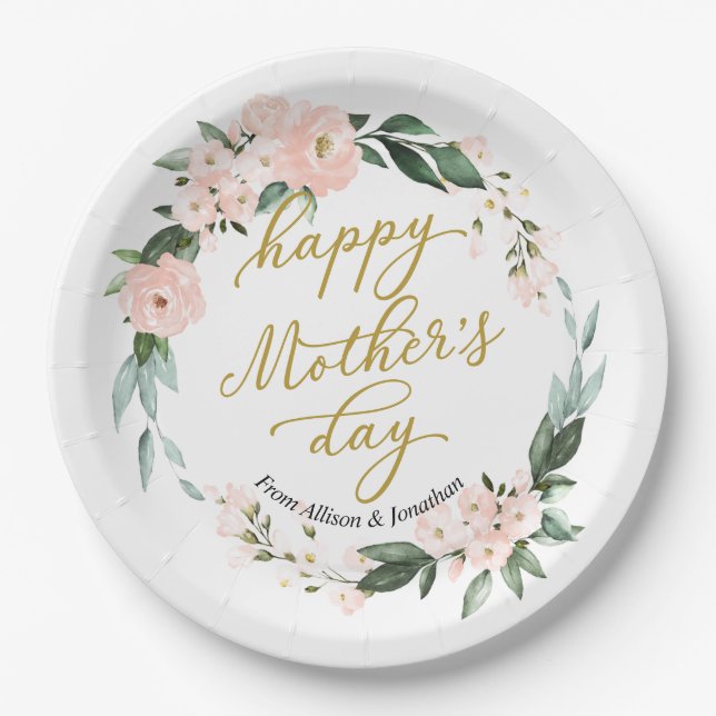 Assiettes En Carton Joyeuse Fête des mères de fleurs roses (Devant)