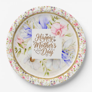 Assiettes En Carton Joyeuse Fête des Mères Élégante aux Fleurs