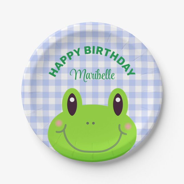 Assiettes En Carton Joyeuse Grenouille d'anniversaire mignonne bleu (Devant)