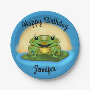 Assiettes En Carton Joyeuse grenouille d'anniversaire sur une plaque d