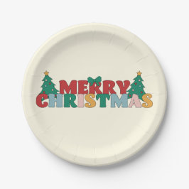 Assiettes En Carton Joyeuse typographie de Noël Pin Arbre Décoré
