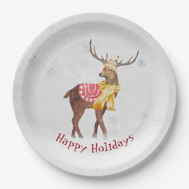 Assiettes En Carton Joyeuses Fêtes Cerf Dans La Neige (Devant)