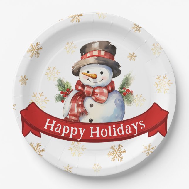 Assiettes En Carton Joyeuses fêtes Snowman Red & Gold Christmas Party (Devant)