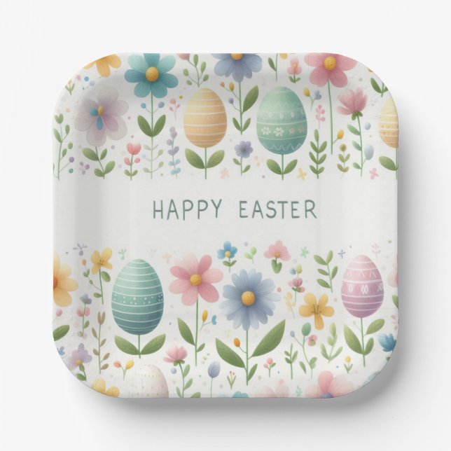 Assiettes En Carton Joyeuses fleurs de Pâques (Recto)