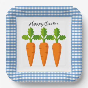 Assiettes En Carton Joyeuses Pâques bleu gingham avec motif carotte 