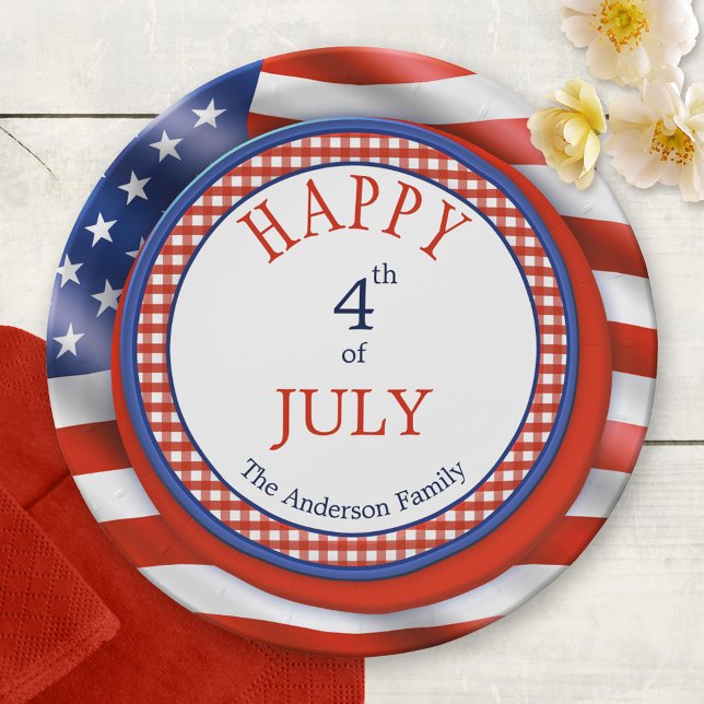 Assiettes En Carton Joyeuses plaques papier 4 juillet fête de l'indépe (Paper plate featuring a barbecue and American flag design for 4th of July or patriot celebrations)