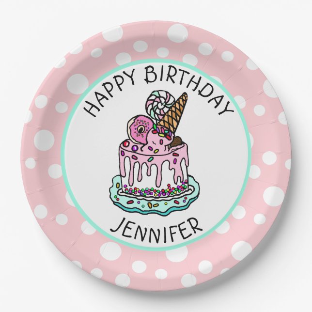 Assiettes En Carton Joyeuses serviettes d'anniversaire rose et vert me (Devant)