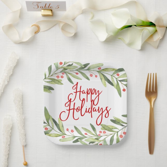Assiettes En Carton Joyeuses Vacances Aquarelle Wreath Dîner de Noël (Mariage)