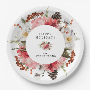 Assiettes En Carton Joyeuses vacances Floral Rouge Personnalisé