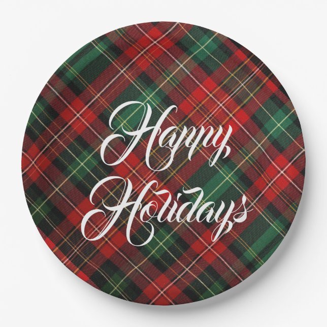 Assiettes En Carton Joyeuses vacances Rouge et vert Tartan Plaid (Devant)