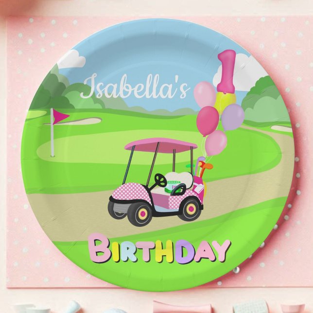 Assiettes En Carton Joyeux 1er Anniversaire Polka Dot Rose Girly Golf (Créateur téléchargé)