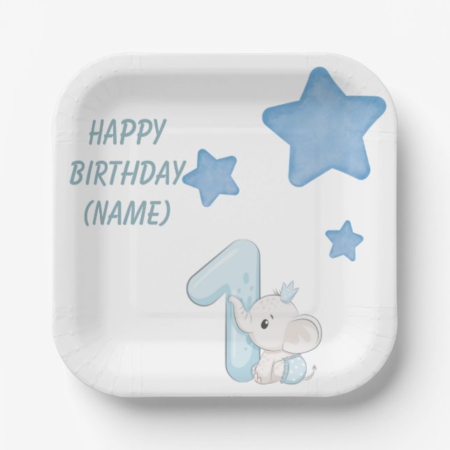 Assiettes En Carton Joyeux 1er anniversaire (texte et nom personnalisa (Recto)