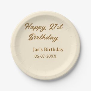 Assiettes En Carton Joyeux 21e anniversaire marron pastel jaune nom da