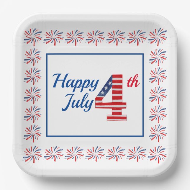 Assiettes En Carton Joyeux 4 Juillet 9" Plaque papier Carré (Recto)