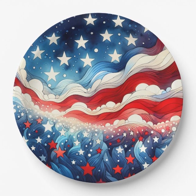 Assiettes En Carton Joyeux 4 juillet | Étoiles et rayures patriotiques (Devant)