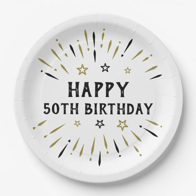 Assiettes En Carton Joyeux 50e anniversaire feux d'artifice Blanc Blac (Devant)