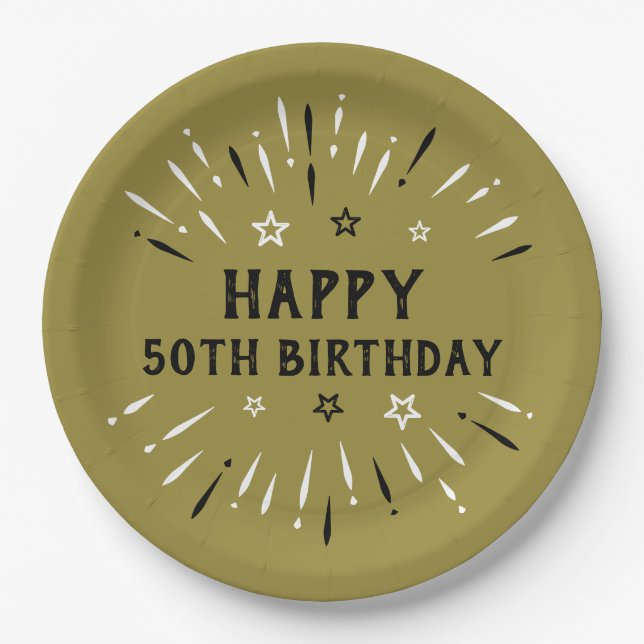 Assiettes En Carton Joyeux 50e anniversaire feux d'artifice Gold Black (Devant)