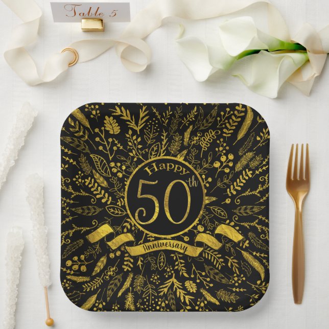Assiettes En Carton Joyeux 50e anniversaire Gold Floral (Mariage)