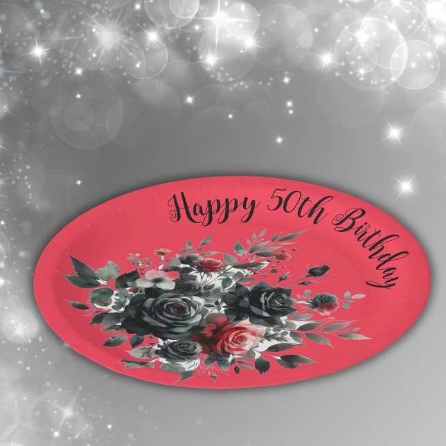 Assiettes En Carton Joyeux 50e anniversaire Roses rouge et noir | (Créateur téléchargé)